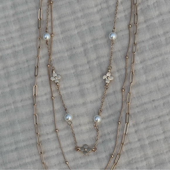 Gold-Tone Multi-Layer Stacked Chain Necklace With Faux Pearls & Heart Charms - Picture 4 of 4